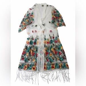 Floral Embroidered Sheer Kimono Swim Cover Up Fringe Boho